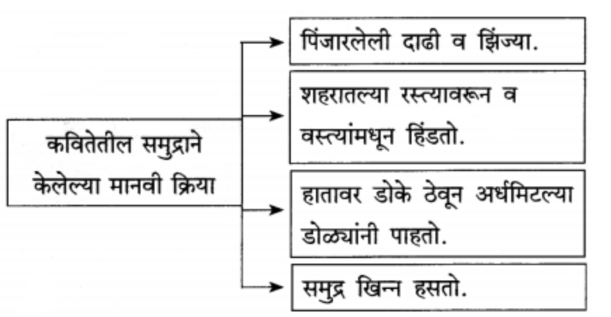 (१) पिंजारलेले दाढी व झिंज्या.
(२) शहरातल्या रस्त्यावरून व वस्त्यांमध्ये हिंडतो.
(३) हातावर डोके ठेवून अर्धमिटल्या डोळ्यांनी पाहतो.
(४) समुद्र खिन्न हसतो.

